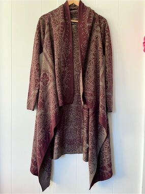 Peruvian Connection Baby Alpaca Wool Drapey Waterfall Cardigan Maroon Patterned